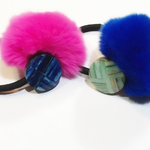 ふわふカラフルポンポンファー＆【Camel】ウッドボタン♡ヘアゴム