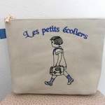 通学のフランスの女の子刺繍の帆布のポーチブルー　16㎝