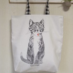 大きなバッグ*手書き風猫＊ねこ＊ギンガムチェック*帆布*マザーバッグ