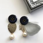 《SALE1500円OFF》濃紺アンティークボタン×パールピアス・イヤリング