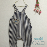 再販×４⭐️⭐️yachiのデザインサロペット☆Navy 細ストライプ⭐️御顔ポッケ付き 