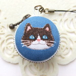 猫/青系12/マカロンコインケース(マカロンポーチ)ストラップ付