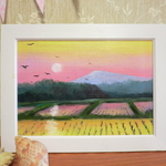 油絵原画　『茜色に染まる田園』　額付き