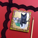 原画●2匹の猫（サバトラ、黒猫)のイラスト no.29●絵●絵画●アート●壁掛け