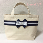 送料無料！大人可愛い♡マリンカラー リボン キャンバス ミニトートバッグ  ランチバッグやサブバッグとしても♫
