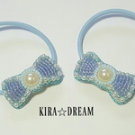 つけたら笑顔でニコニコ（ブルー）♡子供用ビーズ刺繍ヘアゴム