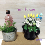 オーダー作品＊ 粘土の花【送料無料】ナチュラル🎶miniフラワー🌷ミックス/青い小鳥ピック・麻布付き【現品限り】