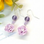 アメジストとお花のピアス パワーストーン 天然石 薔薇