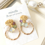 Gold Vintage botão♡オパールキューブピアス