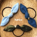 デニム&カモフラージュ柄のリボンヘアゴム☆星のチャーム＆パール付き☆