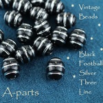 送料無料 ◇ Vintage Beads　Black Football Silver 3 Line 20pcs　8-V 