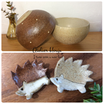 [オーダー品] 二人のまーるいカフェオレボウル/ごはん茶碗にも （アイボリー、ブラウン）/お箸置き ハリネズミさん2点