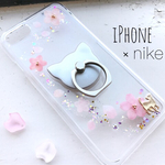 *Spring Night*~桜舞う iPhoneケース iPhone12 7/8/6/X/7plus/SE ねこ 押し花風 春 猫 スマホケース