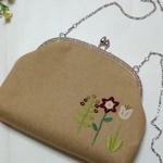 がま口ポシェット　リネン花刺繍