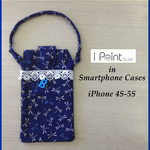 スマホケース(iPhone4S-5S利用可)　紺色/とんぼ/レース/ボタン付き/綿