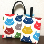 1点限り！【白】表も裏もネコだらけのレッスンバッグ&シューズバッグセット 11号帆布 入園入学や習い事にも！