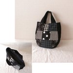 綿麻黒ドットチェック緑 パッチワーク*ファスナー付き ラウンド型バッグ