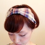 ふんわり＊ダブルガーゼのヘアバンド（クリームイエロー系チェック）リボンタイプ