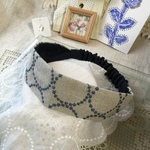 ヘアターバン ミナペルホネン 生地　タンバリン　麻色×青刺繍  