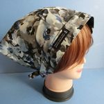 タイプライター・グレー系花柄　　ギャザー入りバブーシュカ・三角巾