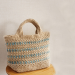 受注制作＊手染め 麻ひもかごbag ターコイズブルーの模様編みボーダーバッグ