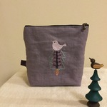 リネン鳥と花の刺繍ポーチ