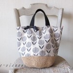 北欧チューリップ＊麻ヒモかごバッグ＊モノトーン＊Ｍ～Ｌ＊帆布