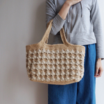 再販＊ 麻ひもかごショルダーbag ホワイト×ナチュラルの模様編み Lサイズ