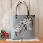 再販☆フランスリネン『Merisie』水色グレー 桜 花柄 L バッグ