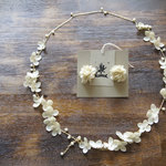 necklace set【 布花ロングネックレス & 耳飾り hydrangea ＆ fresh water pearl ＊ pale yellow 】