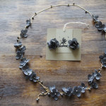 necklace set【 布花ロングネックレス & 耳飾り hydrangea ＆ fresh water pearl ＊ dark navy 】 