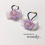 ＊ふわふわcuteなお花付きリボン＊ゴム付け替え可能 オフホワイト×パープル キッズヘアゴム