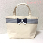 送料無料！大人可愛い♡ ボーダー×リボン キャンバス ミニトートバッグ  ランチバッグやサブバッグとしても♫