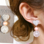 111＊シルバーハートカボション×ピンク イヤリング ピアス ハンドメイド