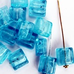 10個　スクエア　Metallic Lampwork Beads　ライトブルー　ランプワーク　ガラスビーズ　フォイルガラス　