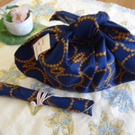 ☆SALE☆お弁当日和♪あずま袋＆お箸入れセット♪ネイビー×ブラウンサークル