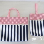 再販レッスンバック＆上履き入れセット☆入園入学　ストライプ　レースリボン