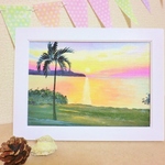 油絵原画『夕日の海』　額縁付き