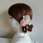 再販×6🌟【和装＊洋装どちらも可】花の髪飾り 4点セット　揺れる白紫陽花の花びら付き ピンクマム