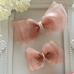 再販×⑥♡《ママ・姉妹でお揃い♡》アンティークピンク♡パール付オーガンジーリボン♡ヘアクリップ