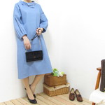 *SALE*974 やわらかコットンデニム　スタンドカラーワンピース　空色　