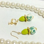 陶器☆緑の花柄☆オペックグリーンイヤリングorピアス