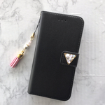 【iPhone8/7/6/6s/5/5s/SE】手帳型 ケース カバー  携帯 スマホ  カード シンプル キラキラ スワロ    フリンジ パール ストラップ 