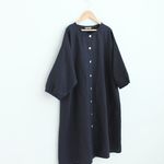 リネン100%ノーカラーコートワンピース　ネイビー