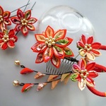 一越縮緬 紅色　剣花のコーム髪飾り＆Uピンセット（つまみ細工）