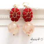 【レッド】アンティーク フラワー ピアス／イヤリング