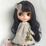 クロスステッチ刺繍ワンピース クマ&クローバー リネン ブライス服