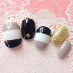 RUNA♪ブラックグレー太ボーダーネイルチップ