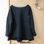 肩おちワイドニットプル　ネイビー×グリーン
