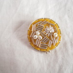 お花刺繍と竹ビーズのブローチ_#025_bamboo beads & flower emb.brooch